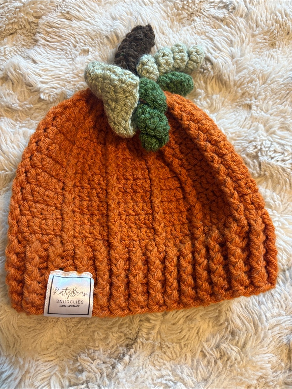 Kids Orange Pumpkin Beanie with Green Stem